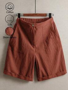 Pantalones de lino minimalistas casuales de unicolor para mujer, talla pequeña - Color caoba - Ver 1