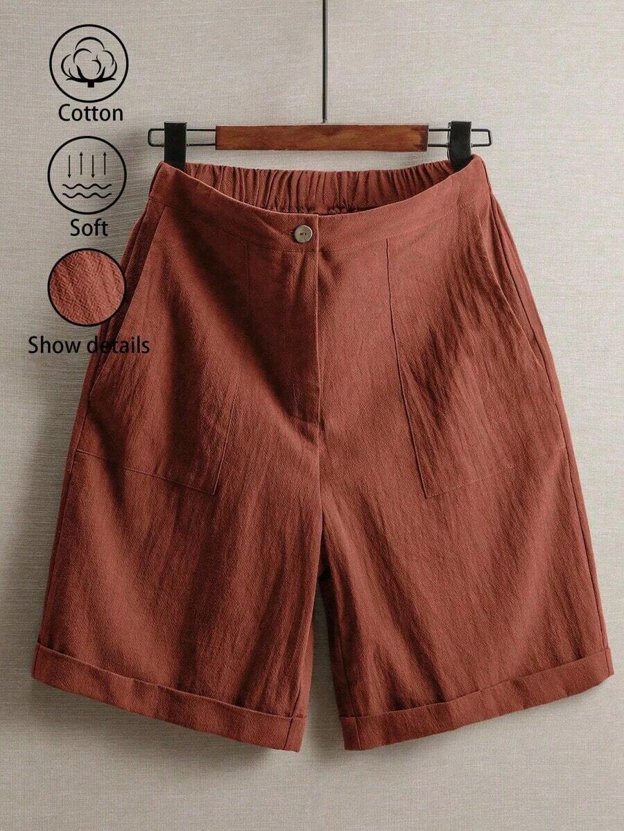 Pantalones de lino minimalistas casuales de unicolor para mujer, talla pequeña - Color caoba - Ver 1