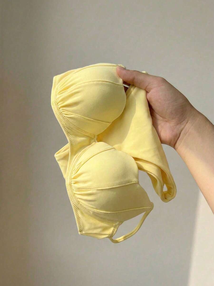 Bikinx Women's High Elasticity Spaghetti Strap Bikini Set, With Ruffle Detail, Tie Back, Casual Elegant Style Vacation - Yellow - View 1