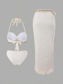 Conjunto de 3 piezas de traje de baño con decoración de tiras tejidas y textura de conchas para mujer, ideal para vacaciones en la playa - Albaricoque - Ver 2