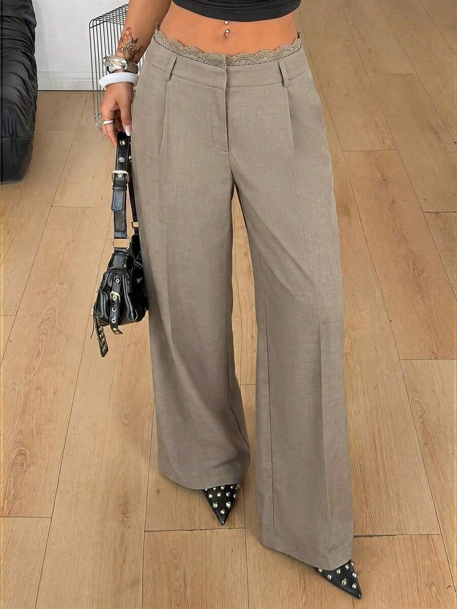 Pantalones de mujer negros tejidos para ir al trabajo con encaje y pliegues en contraste - Caqui - Ver 1
