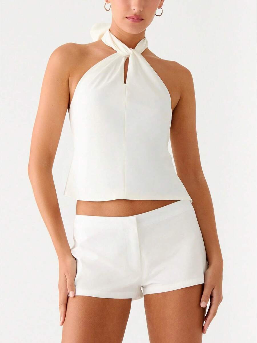 Women's Summer Halter Tank Tops Sleeveless Backless Bow Tie Up Cropped Vest Slim Fit Casual Streetwear Party Going Out Tops - White - View 1