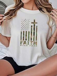Camiseta Minimalista para Mujer, Cuello Redondo Casual, Opciones en Blanco y Negro, Estampado Americano "Faith Over Fear", Camiseta Gráfica Inspiradora, Camisetas de Uso Diario, Tops de Verano, Camisetas Gráficas, Conjuntos de Verano para Mujer, Camisetas Cortas para Mujer, Tops para Mujer, Ropa Linda de Algodón Vintage para Mujer, Camiseta Simple de Color Sólido para Mujer, Corte Holgado y Ajustado, Manga Corta Casual. - Negro - Ver 7