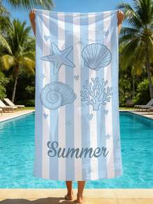1 pieza Toalla de playa de microfibra de verano con patrón de concha a rayas azul, ultra suave, decoración del hogar, adecuada para la playa, piscina, camping y viajes, extremadamente cómoda - B - Ver 5