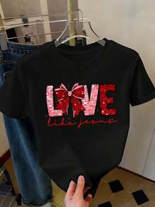 Vintage Loose Fit T-Shirt For New Year 2026 - Sparkling Pink Lettering, Happy New Year! Printed With Heart Shapes And Bows, Casual Short Sleeve Crew Neck Party Top, A Dazzling 2026 Celebration Top Suitable For All Seasons. Fashion 100% Cotton - 3 - 查看 7