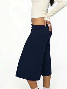 Y2K Fold-Over Waist Wide Leg Cropped Culottes, Low-Rise Casual Knit Pants For Women, Multi-Color Options - 孔雀藍 - 查看 9