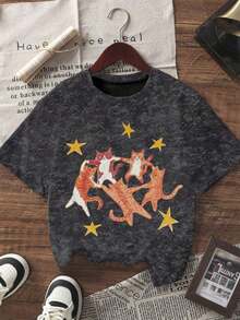Nueva camiseta de verano de cuello redondo informal con estampado de estrella y gato bailando en tie-dye negro, blusa versátil y de moda para mujer - Negro - Ver 2