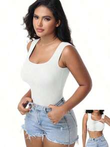 Women's Built-In Bra Tank Top Ribbed Slim Fit Wire Shelf Padded Tank Shirts Wide-Strap Square Neck Undershirt - White - View 3