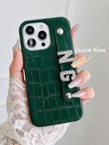 Customized Luxury Faux Crocodile Skin Rhinestone 3D Letter Faux Leather Wristband Phone Case, Compatible With Apple 17, 16, 15, 14, 13, 12, 11 Pro Max, 14, 15, 16 Plus, 17, Stylish Phone Cover DIY Gift, Phone Accessory - Navy Blue - View 3