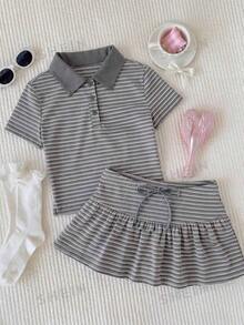 Conjunto de 2 piezas de camiseta de manga corta a rayas y minifalda casual de verano para mujer - Gris - Ver 7