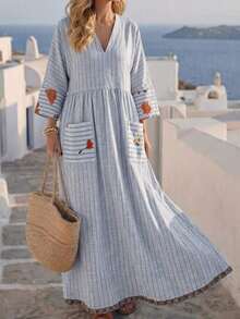 Vestido de playa informal de verano 2026 con estampado de rayas, cuello en V y suelto, tipo lino - Blanco - Ver 3