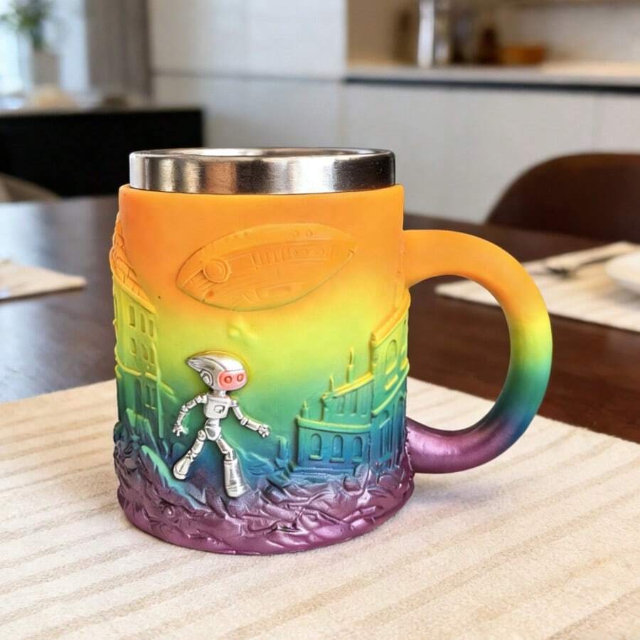 1pc 3D Alien Relief Rainbow Gradient Mug, 304 Stainless Steel Inner, Creative UFO City Landscape Design Cup, Perfect Gift For Space Enthusiasts, Suitable For Home And Office Use - Sci-fi Mug - View 1