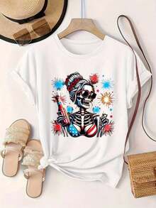 Women's Vintage Style Short Sleeve Casual T-Shirt - Skeleton Woman Design With Beer And Fireworks, Round Neck, Summer Top, Machine Washable, Ladies' T-Shirts, Casual Wear, Modern Style, Comfortable Fit

BlackFashion - 白色 - 查看 2