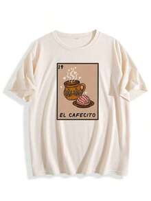 Premium Women's T-Shirt 19 EL CAFECITO With Coffee Cake Print - Casual Short Sleeve T-Shirt With Soft Round Neck For Everyday Wear With Printed Spanish Coffee Design, Unisex New Style T-Shirt For Casual Daily Wear, Basic Clothing For 4 Seasons, Women's Office T-Shirt, Bestseller For Valentine's Day, . - 杏色 - 查看 6