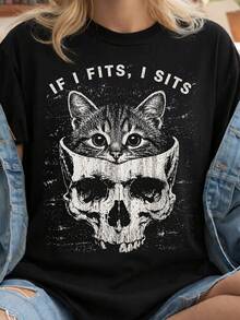 Camiseta If I Fits I Sits Cat, Camiseta divertida de calavera de gato, Camiseta para amantes de los gatos con humor negro, Camiseta vintage con gráfico de gato, Regalo divertido con meme, Camiseta para amantes de los gatos. Camiseta unisex de algodón puro de 220 g, peso ideal para todas las estaciones, adecuada tanto para hombres como para mujeres. Tejido duradero de alta calidad, suave al tacto y de larga duración. Parte superior transpirable. Adecuada para la primavera y el verano de las mujeres, vacaciones, Día de la Madre, Día de la Independencia. - Negro - Ver 1
