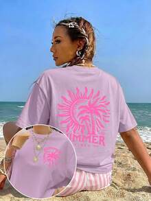 Camiseta deportiva casual versátil de verano para mujer, con estampado de palmeras y sol, estilo vintage dulce y fresco, ideal para vacaciones en la playa, uso diario en casa, salidas o como regalo de moda. - Albaricoque - Ver 11