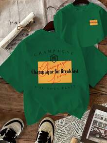 Women's Vintage T-Shirt [Double-Sided Print], Short-Sleeved, Round Neck, Casual Style, With The Brand "Champagne" And The Phrase "Champagne For Breakfast" Printed In A Yellow Rectangle On The Back, Machine Washable, Suitable For Casual Wear, Multi-Purpose Clothing, Fashionable T-Shirt, Comfortable Material, For Fashion Enthusiasts. - 綠色 - 查看 12