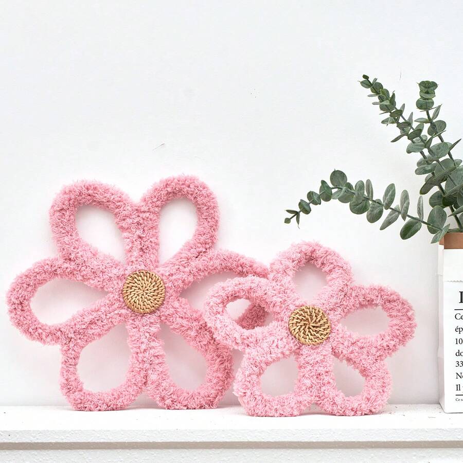 2pcs Plush Floral Woven Wall Hanging, Boho Style Wall Decor, Indie Aesthetic Wall Art, Bedroom, Dorm, Living Room, Classroom, Study Decoration, Graduation Gift, Holiday Photo Prop - Pink - View 1