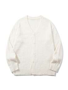 Men's 2-Way Wearable Lazy Textured Knitted-Like Knit V-Neck Button Cardigan Long Sleeve Sweater Jacket, Autumn/Winter - Beige - View 5