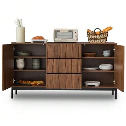 150cm Dark Veined Oak Sideboard, 3 Drawers, Large Sideboard, Kitchen Furniture, One-Piece Cut, Mid-Century Modern Style Decorative Furniture For The Kitchen, Living Room, Entrance Or Hallway.