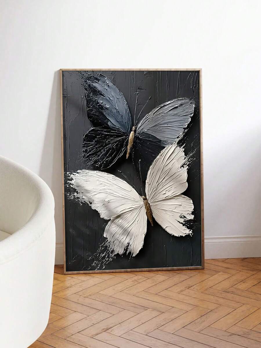 1pc Unframed Poster Wall Art ,2D Black And White Butterfly Canvas Wall Art, Textured Impasto Butterfly Painting Print, Modern Minimalist Home Decor - Abstract Style a - View 1