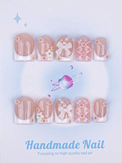 10PCS - Press On Nails, Square Shape, 100% Handmade, Y2K Style, Sturdy Quality, Reusable, White, Paired With French, 3D, Suitable For Daily Wear, Parties, And Also The Best Holiday Gift For Girls And Women