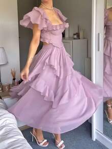Vestido largo elegante con volantes espalda descubierta y corte calado para vacaciones - Rosa vieja - Ver 1