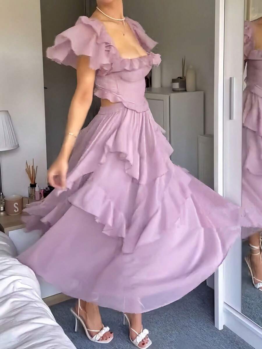 Vestido largo elegante con volantes espalda descubierta y corte calado para vacaciones - Rosa vieja - Ver 1