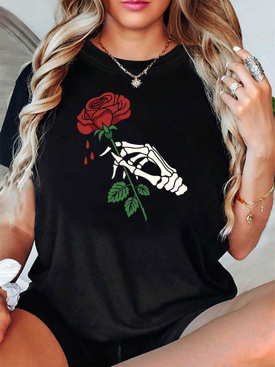 Camiseta de Mujer con Diseño de Calavera y Rosas en Tono Oscuro |   Camiseta Casual de Manga Corta con Gráfico de Rosa Roja y Gota de Sangre, Contraste Rojo-Blanco-Verde, Elegante, Romántica y Moderna para Uso Diario - Negro - Ver 1