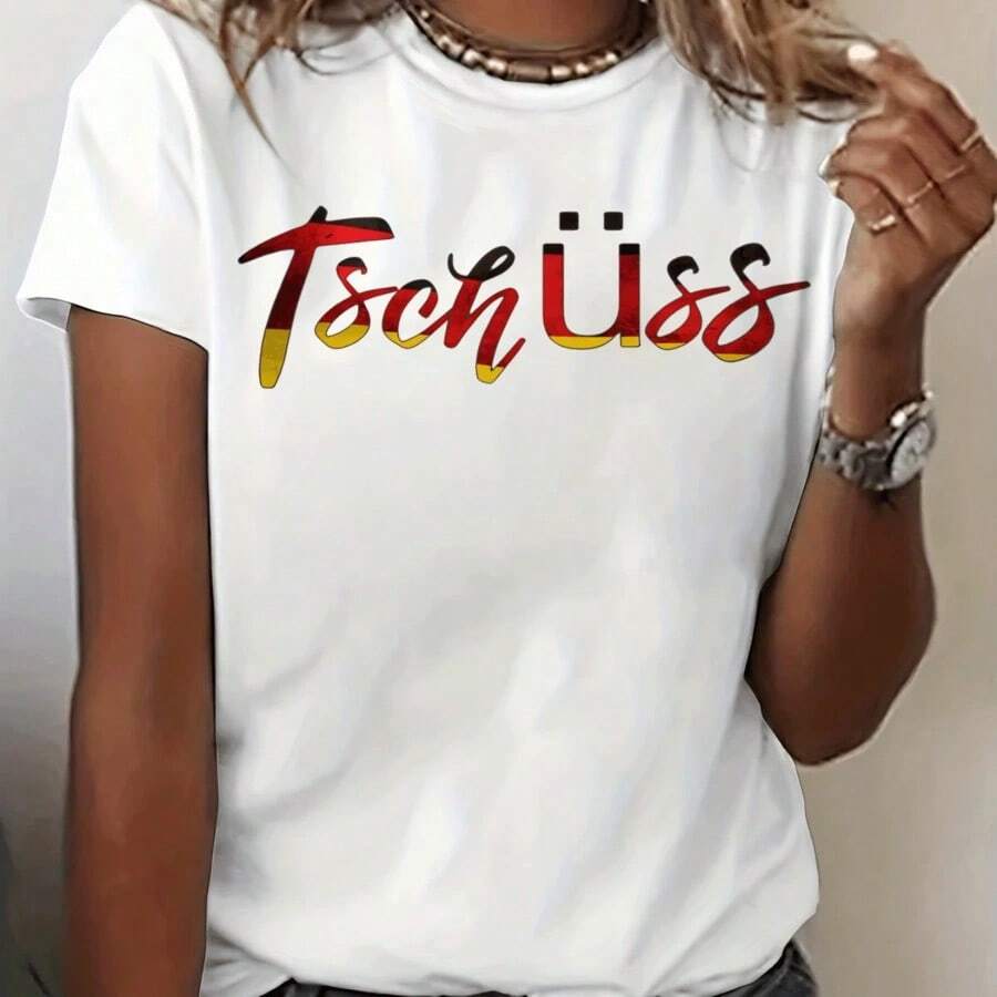 Camiseta de manga corta para mujer, estilo casual, con cuello redondo y estampado gráfico "Tschuss" en alemán, ideal para el verano. - Blanco - Ver 1