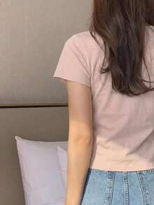Camiseta básica de mujer de manga corta, cuello redondo, unicolor blanco, para primavera/verano, estilo casual de oficina - Rosa - Ver 2