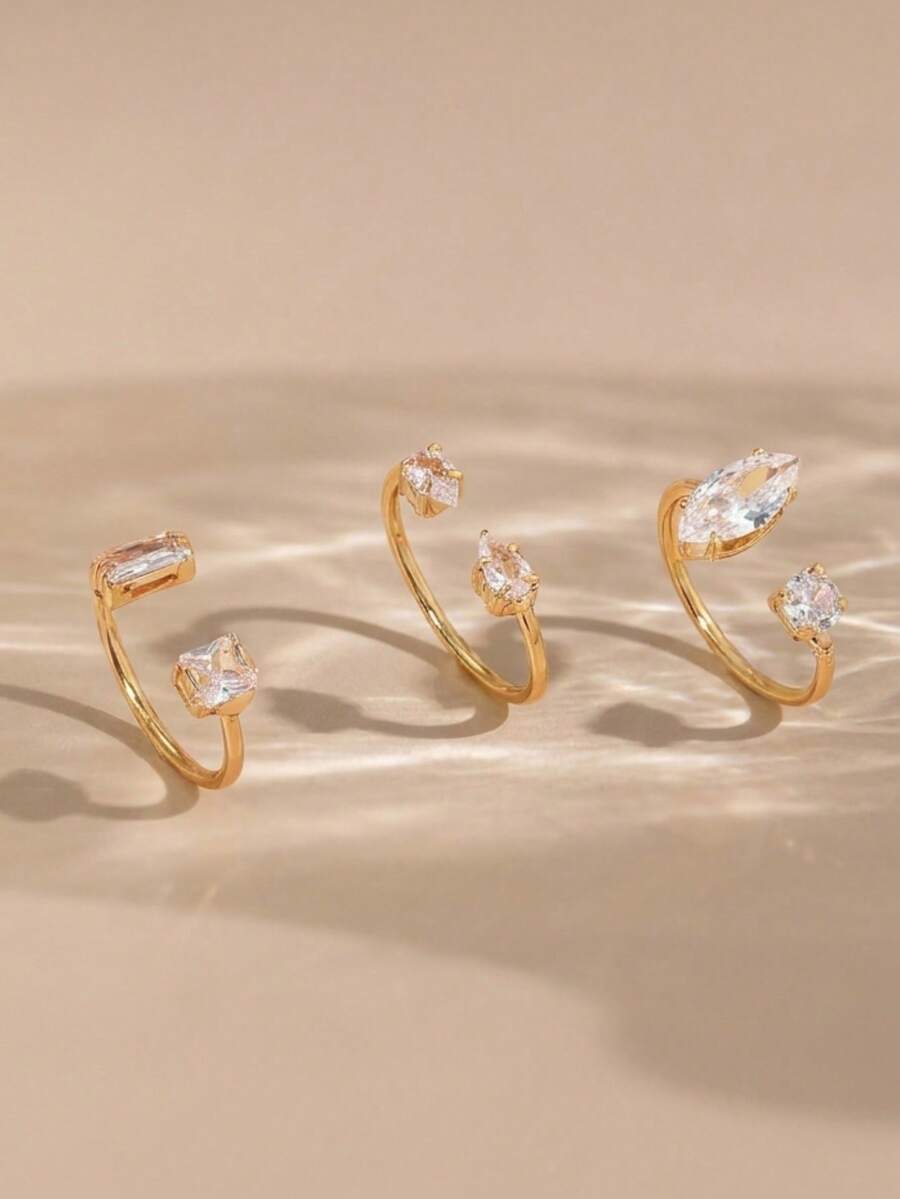 3件套几何简约不对称锆石黄金可调节戒指套装,适合日常佩戴、婚礼和约会。 - 彩色 - 查看 1