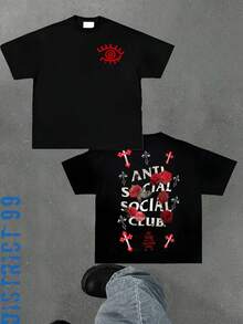 Anti Social Club Graphic Cropped T-Shirt For Boys And Girls Men, Women All Ages Family T-Shirt Letter New Streetwear Clothing Harajuku T-Shirt Cotton Half Sleeve Tee, Y2K Style Casual Cotton Classic Crewneck Design Tee - màu đen - Xem 3