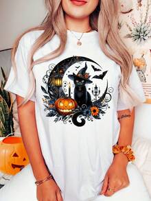 disfraz halloween hombreCamiseta de Halloween para mujer - Elegante camiseta con gráficos de gato bruja negro, calabaza y murciélagos con luna llena espeluznante y letras góticas - Camiseta casual de corte holgado con cuello redondo suave y elástico (tallas S-XXL) - No transparente, comodidad para todas las estaciones para fiestas de Halloween y atuendo informal - Ropa de otoño lavable a máquina y ropa de temporada para todo el año, camiseta inapropiada, camiseta gráfica para hombre, camiseta para hombre, camiseta divertida, playera de hombre, camiseta Twilight Y2k, camiseta, camisa de - Blanco - Ver 1