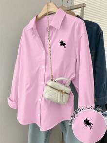 Camisa casual de manga larga, de corte holgado y de un solo abotonado con estampado de caballero para mujer - Rosa - Ver 6