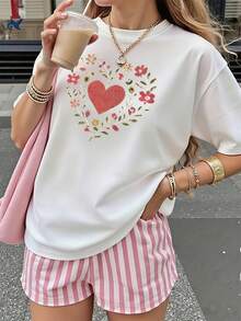 Camiseta premium con estampado floral de corazones, estilo casual, perfecta para estar en casa, salir o como regalo, lo que la convierte en una opción ideal para Pascua, el Día de la Madre, aniversarios y otras festividades. Ecológica. - Blanco - Ver 7