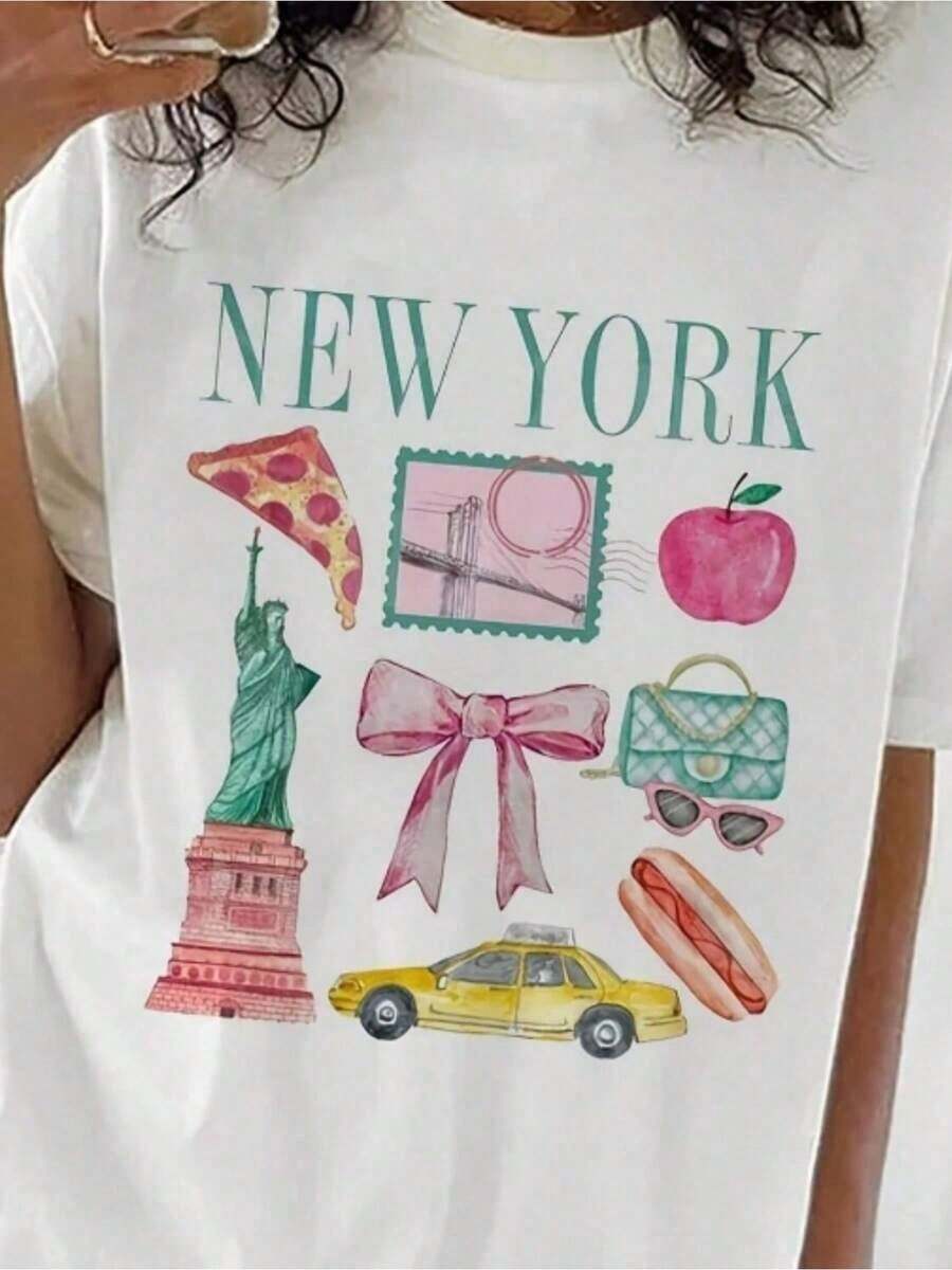 Una camiseta de manga corta para mujer, transpirable, suave y casual, adecuada para actividades al aire libre en primavera y verano. Esta es una camiseta estampada con temática de Nueva York, que presenta un diseño casual de cuello redondo y manga corta, hecha de una mezcla de materiales. Presenta un divertido diseño de dibujos animados que incluye la Estatua de la Libertad, pizza, maleta y hot dog, lo que la hace perfecta para uso casual. blusas para mujer,blusas casuales para dama,tops,, mujer premium,y2k,playeras de mujer curvy,ofertas y liquidaciones ropa mujer,playeras deportivas para mujer,,playeras de hombre, mujer,blusas>elegante IPWZ Blusas Bonito 100% Cotton - Blanco - Ver 1