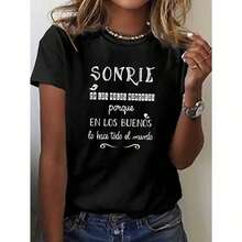 Camiseta Minimalista para Mujer con Frase en Español - Divertido Dicho "Sonríe incluso si te duele la cara" - Negra con Texto Español Blanco - Camiseta Ligera y Transpirable para Uso Diario para Estudiantes y Profesores de Español - Corte Relajado con Cuello Redondo - Lavable a Máquina - Regalo para Aprendizaje de Idiomas - Camiseta Sencilla de Color Sólido para Mujer, Corte Holgado y Ajustado, Manga Corta Casual - Negro - Ver 3