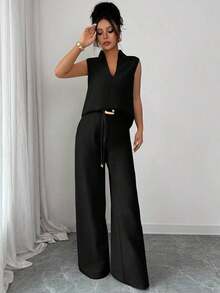 Set de 2 piezas de top sin mangas de cuello en V y pantalones rectos con decoración de cinturón holgado, de estilo casual y versátil para mujer, para primavera/verano - Negro - Ver 7
