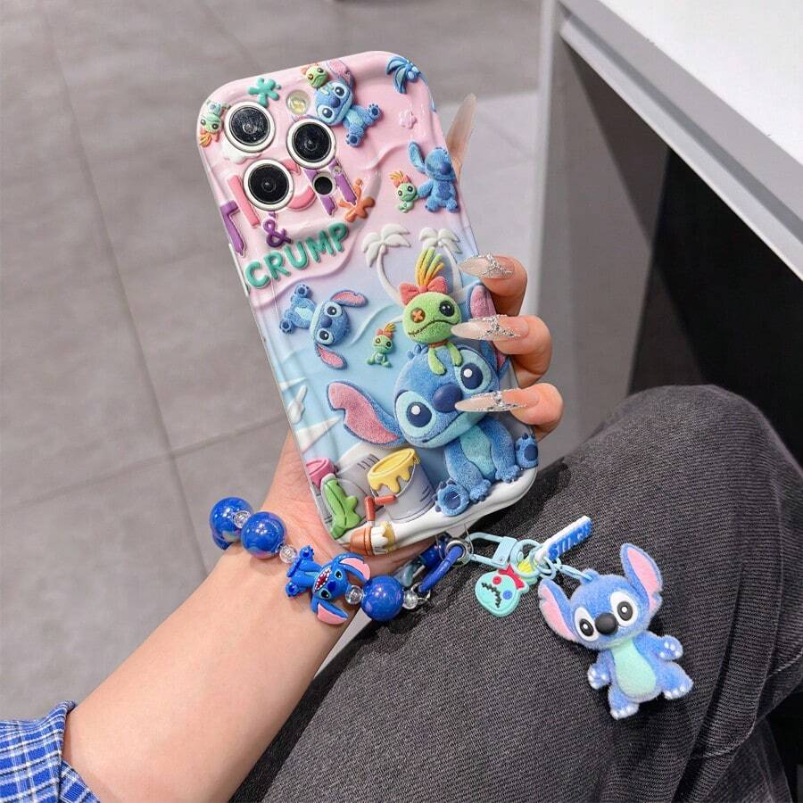 Disney Lilo & Stitch Phone Case With Stitch Charm And Stitch Lanyard - Cute Stitch Protective Case With Scrump And Painting Theme Design, Equipped With Delicate Stitch Decorative Lanyard And Beaded Bracelet For Easy Carrying, Compatible With IPhone 17, 16, 15, 14, 13, 12, 11 Pro Series, Ideal For Birthdays, Holidays, Anniversaries, Graduation Gifts, Or Any Special Occasion To Surprise Family, Friends, Classmates, And Loved Ones. - 白色 - 查看 1