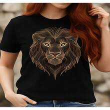 Women's Black Cotton Graphic T-Shirt With Elegant Gold Lion Print Short Sleeve Round Neck Casual Top High Stretch Regular Fit - 黑色 - 查看 1