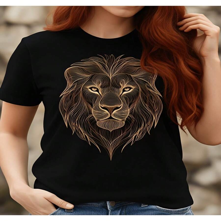 Women's Black Cotton Graphic T-Shirt With Elegant Gold Lion Print Short Sleeve Round Neck Casual Top High Stretch Regular Fit - 黑色 - 查看 1