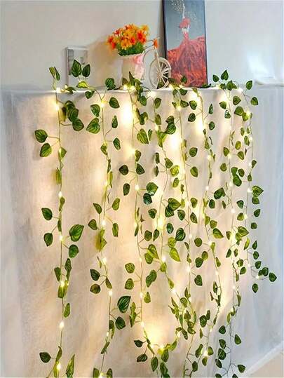 1pc Green Plant LED String Lights, 2/5/10M Watermelon Leaf Garland Lights, Warm Light, For Home Living Room Bedroom Corridor Decor, Party Thanksgiving Christmas Decor, Battery Powered (Batteries Not Included), 100/50/20 LED Watermelon String Lights, Artificial Green Ivy Leaf Wreath String Lights, Watermelon Green Leaf Lights, Green Garden Decor Lights, Green Watermelon Vine LED Battery Powered Fairy Lights, Suitable For Kitchen, Patio, Living Room, Bedroom, Room, Wall, Garden, Party, Wall Decor, Tablecloth, Bedroom Decor And Holiday Atmosphere.