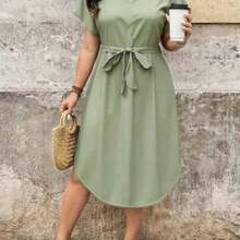 Simple Solid Black Plus Size Women's Casual Beach Dress Suitable For Summer Black Casual Dress Casual Midi Dress,Business Casual Woman,Teacher Outfits For Women Suitable For Going Out Chic Dress,Spring/Vacation - Verde - Ver 1