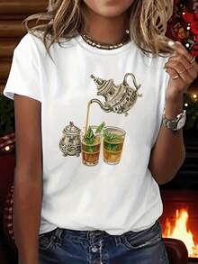 Una camiseta casual de manga corta y cuello redondo con un estampado estético de hojas de té, perfecta para la primavera y el verano, diseñada específicamente para mujeres. Ropa de Verano de Alta Calidad y Fresca - Blanco - Ver 1