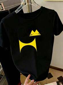 Camiseta de Cuello Redondo con Estampado Gráfico Amarillo - Diseño Felino Abstracto Minimalista, Manga Corta, Cuello Redondo, Suave y Transpirable, Ropa de Verano para Hombres y Mujeres, Divertida y Juguetona para Amantes de los Animales, Algodón YKG3, Ropa Fresca de Verano - Negro - Ver 8