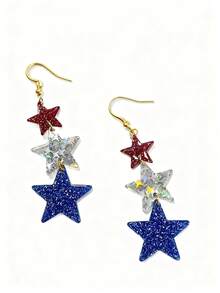 1 Pair Exaggerated Independence Day Long Striped Acrylic Heart & Star USA Ear Hook Earrings Small Stud Ear Jewelry (Card Not Included) - Multicolor - View 3