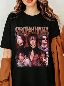 Seonghwa Ateezs K-Pop Graphic T-Shirt Park Seonghwa Vintage 90s Bootleg Print Black Oversized Cotton Tee Men Women Streetwear Top, Graphic Shirt - Black - View 6