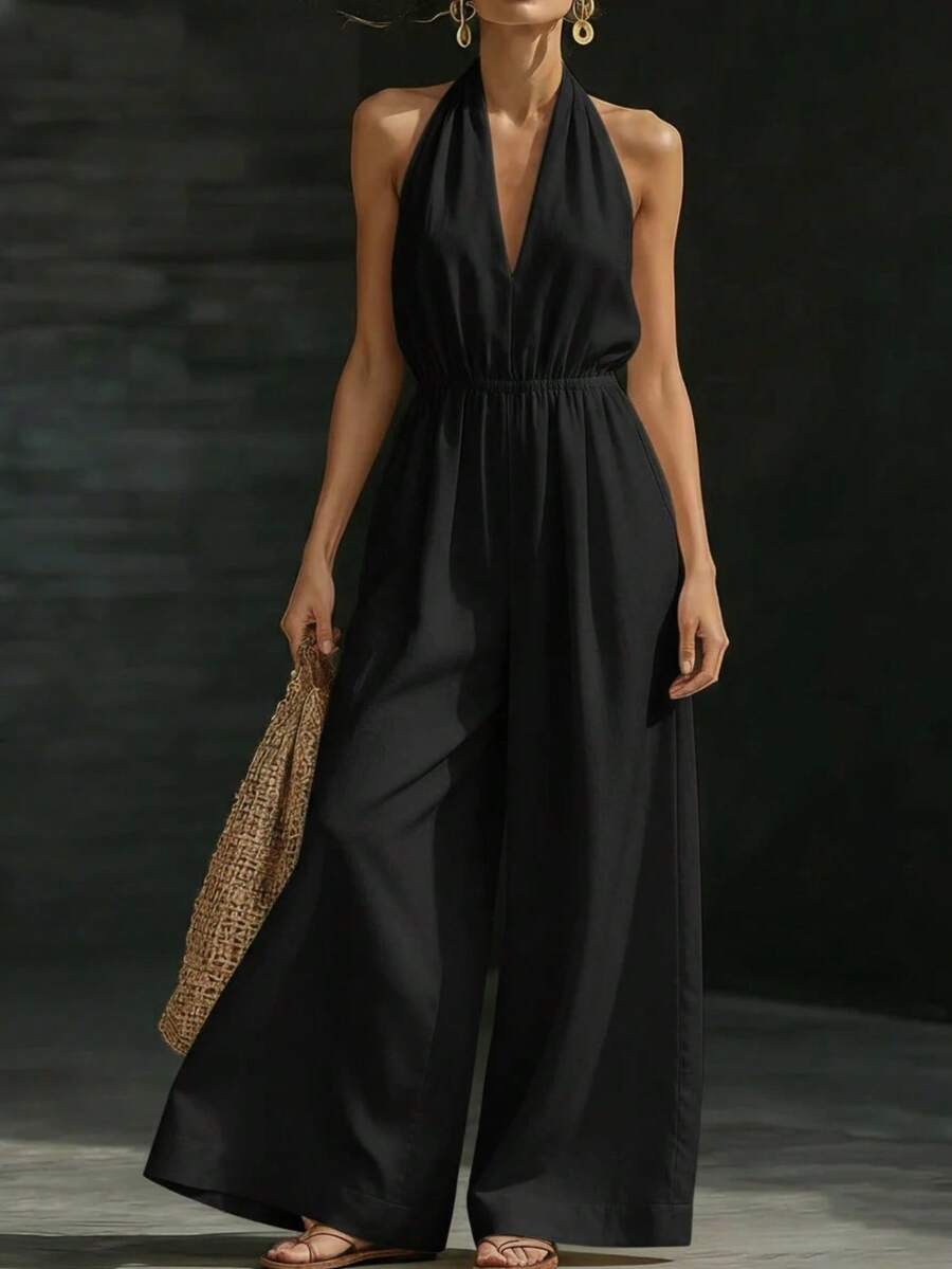 New Women's Summer Jumpsuit, Designer, Elegant, French Style, V-Neck Halter Top, Perfect For Office, Daytime Looks And Casual Occasions, Flattering - 黑色 - 查看 1