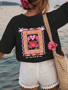 GiftPatrón Impreso [Doble Impresión en la Parte Delantera y Trasera] Camiseta de Moda de Nuevo Estilo para Mujer con Estampado de Cangrejo, Cuello Redondo, Manga Corta, Casual de Verano - Camiseta Unisex de Estilo Vintage Urbano, Holgada, de Algodón, Manga Corta y Cuello RedondoSoft - Negro - Ver 3